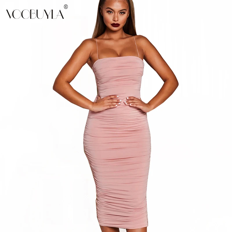 

Voobuyla Sleeveless Spaghetti Strap Long Dress Women Fashion Strapless Backless Summer Bodycon Dress Beach Sexy Party Dress