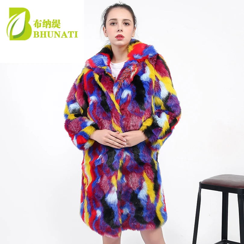 

BHUNATI NEW Faux Fur Coats Colorful Jackets Women Winter Rabbit Fur Long Overcoat Soft Warm Rainbow Color Outerwear Female