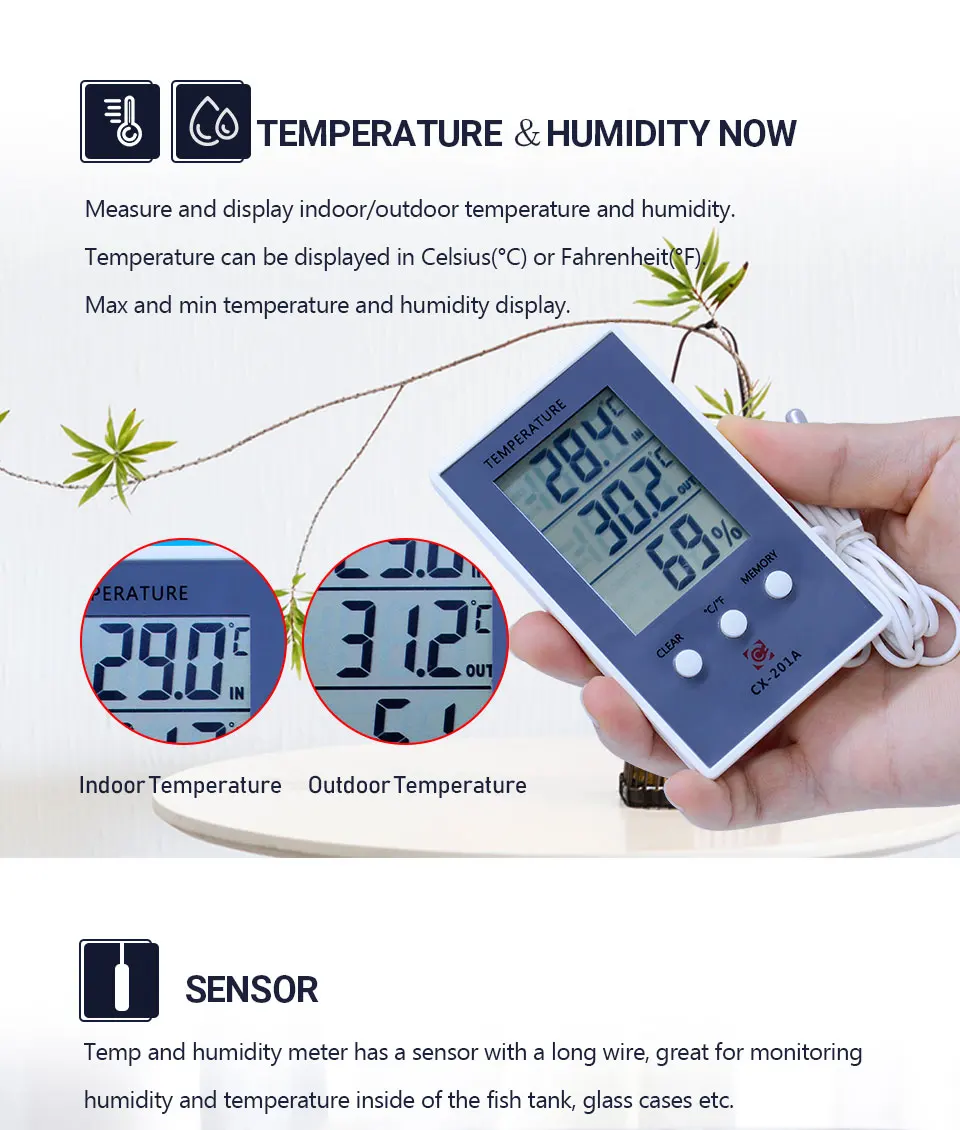 CX-201A Цифровой термометр гигрометр внутренний/открытый аквариум Измеритель температуры и влажности Метеостанция тестер smail or cry