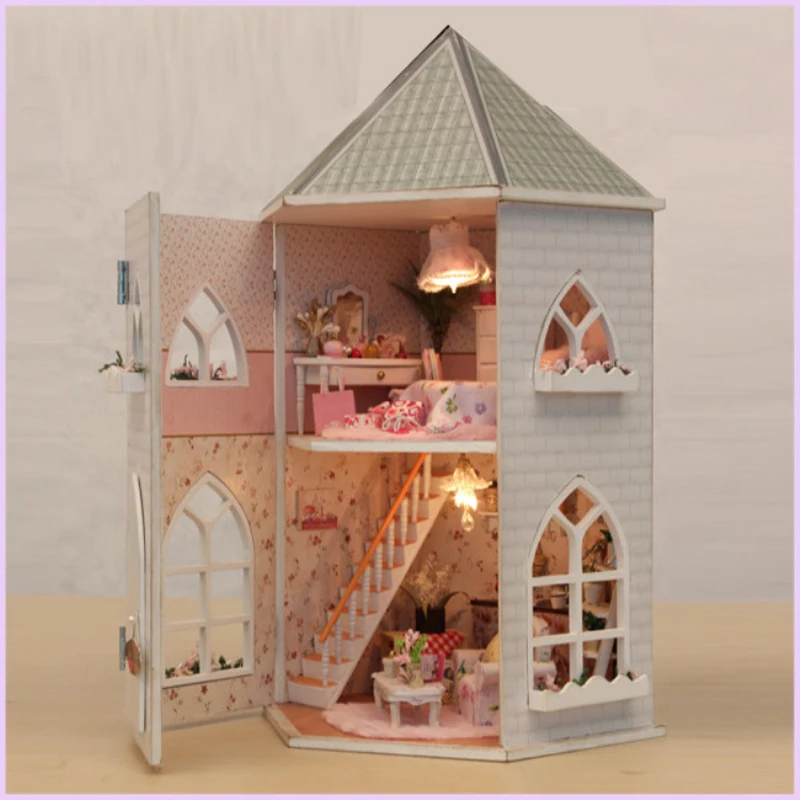 

Wooden DIY DollHouse Miniature With Furnitures Creative Doll House Building Model Toys Gift Love Fort 13816 #D