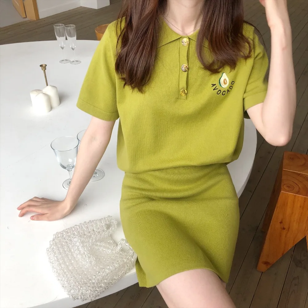 

Women Two Piece Outfits Summer 2019 Cute Avocado Embroidery Turn Down Collar Short Sleeve Top Skirt Set Knit Matching Sets S179