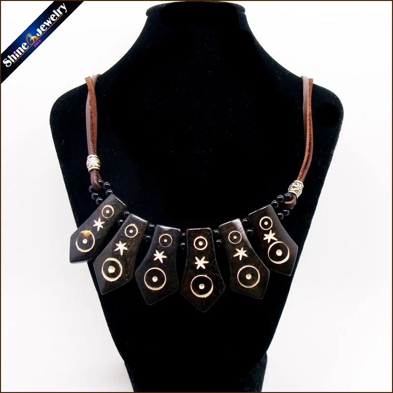 Vintage Tribal Jewelry Natural Yak Bone Carving Totem Leather Rope Chain Choker Chunky Statement Bib Necklace For Women Men NG03 | Украшения