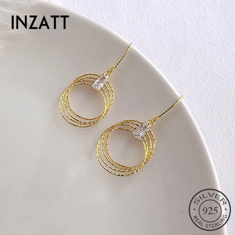 INZATT Real 925 Sterling Silver Geometric Round Zircon Dangle Drop Earrings For Charming Women Wedding Fine Jewelry Cute Gift | Украшения и