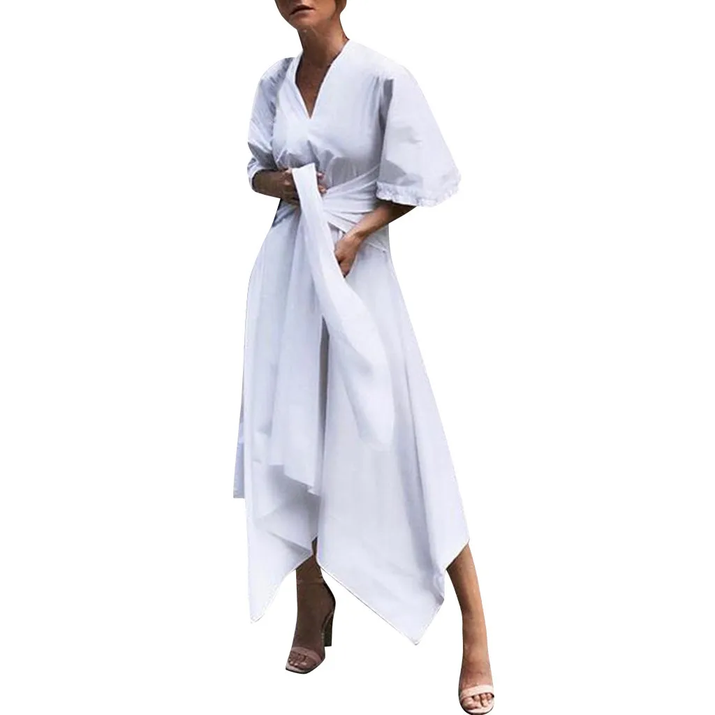 

JAYCOSIN Women Clothes V-Neck Short Sleeve Slim Asymmetrical Dress Vintage Solid Color Loose Cross Belt Evening Party Dress 2019