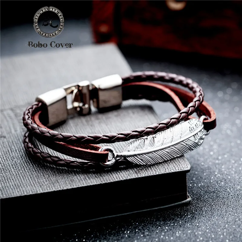 

Bobo Cover Vintage Braid Chain Leather charm Bracelet Men couple feather bracelets & bangles for women femme homme Drop Shipping
