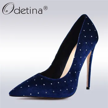 

Odetina New Fashion Extreme High Heels 12cm Stilettos Printed Toe Evening Party Shoes Women Pumps with Crystal Plus Size Size 42