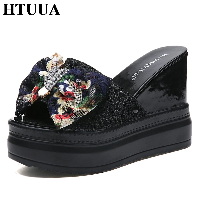 

HTUUA Fashion Women Slippers Sequins Bow Wedge Platform Sandals High Heels Slides Summer Shoes Woman Beach Slipper SX2576