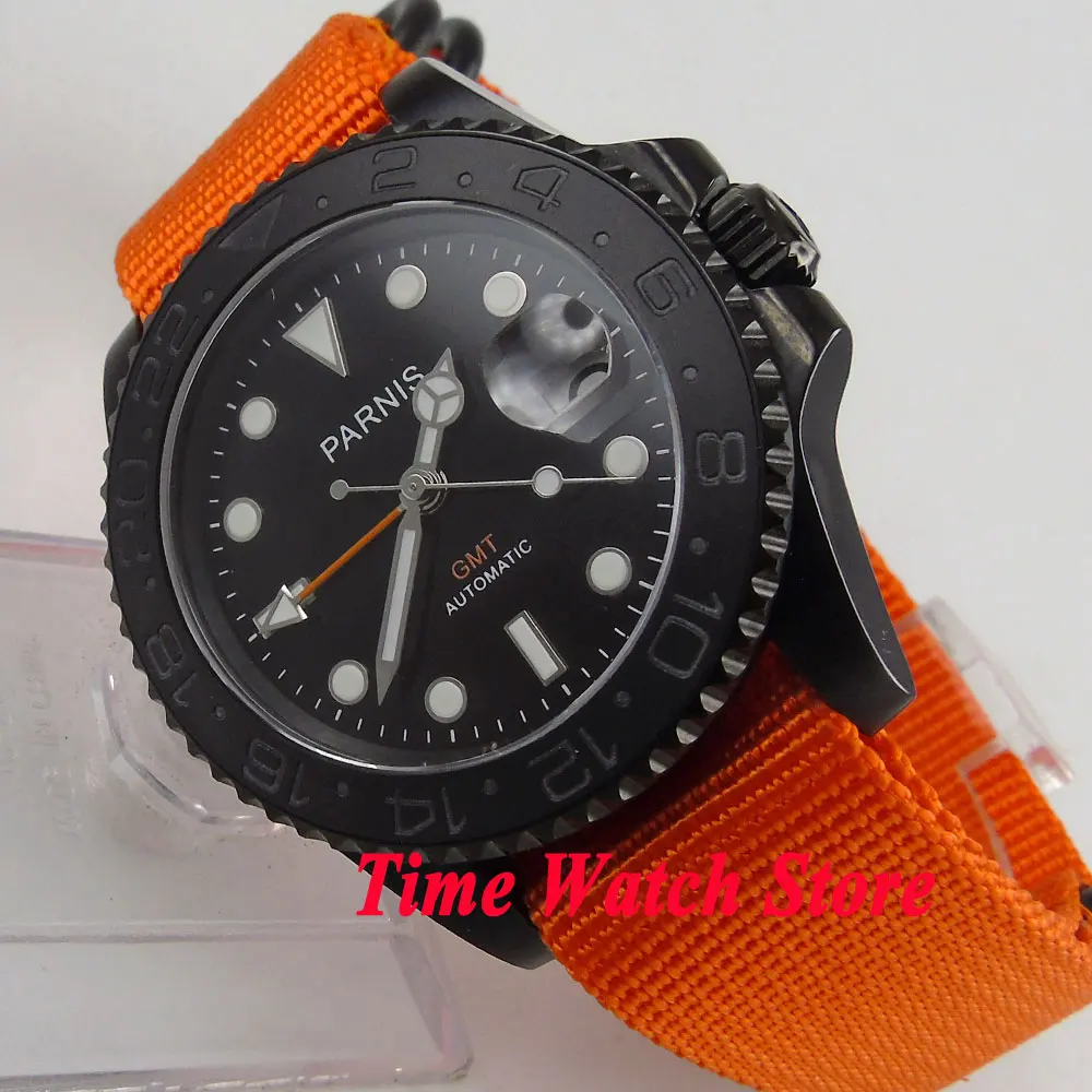 Parnis 40mm PVD case black dial luminous ceramic bezel sapphire glass GMT Automatic men's watch 529 Parnis 40mm PVD case black dial luminous ceramic bezel sapphire glass GMT Automatic men's watch 529