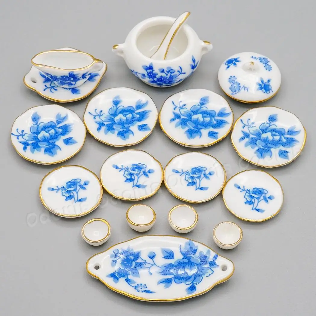 

Odoria 1:12 Miniature 17PCS Tableware Blue China Porcelain with Golden Trim Soup Tureen Tray Cups Dollhouse Kitchen Accessories