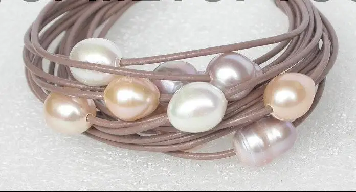 

Free shipping hot sale Women Bridal Wedding Jewelry >>7" 14row 14mm pink white purple pearls coffee leather bracelet magnet