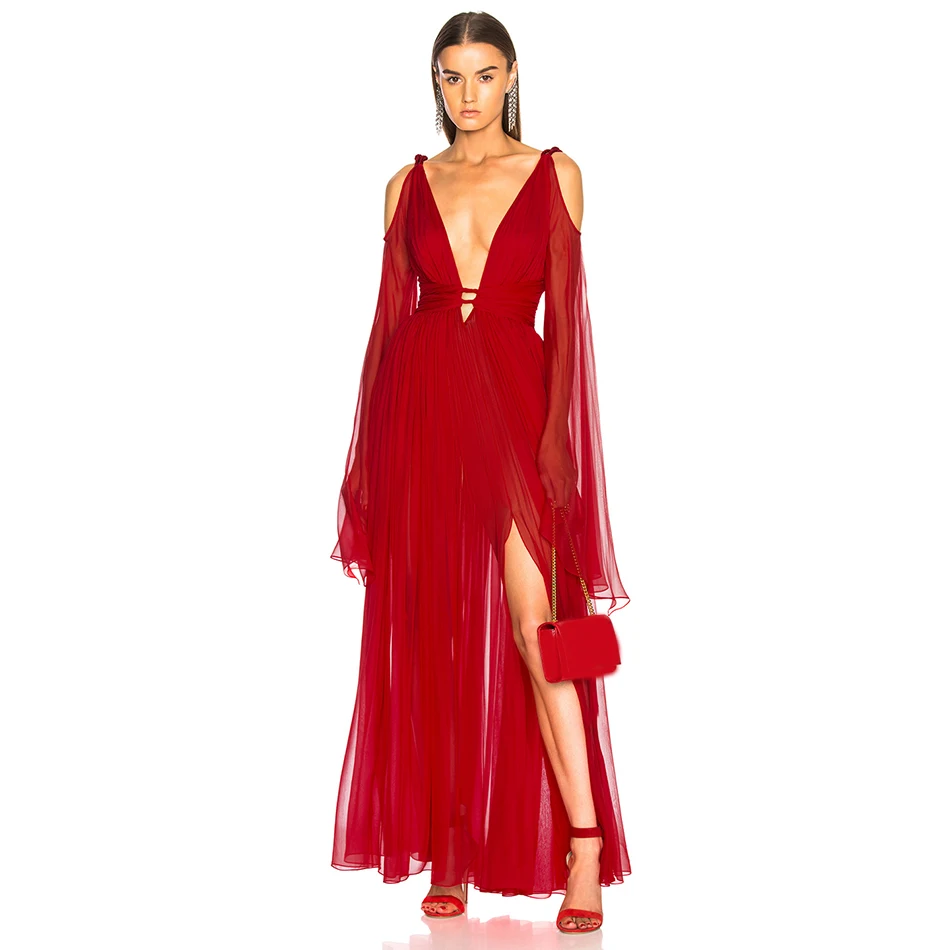 

New Celebrity Party Long Dress Women Off The Shoulder Long Sleeve V-Neck Sexy Split NightClub Backless Maxi Dress Women Vestidos