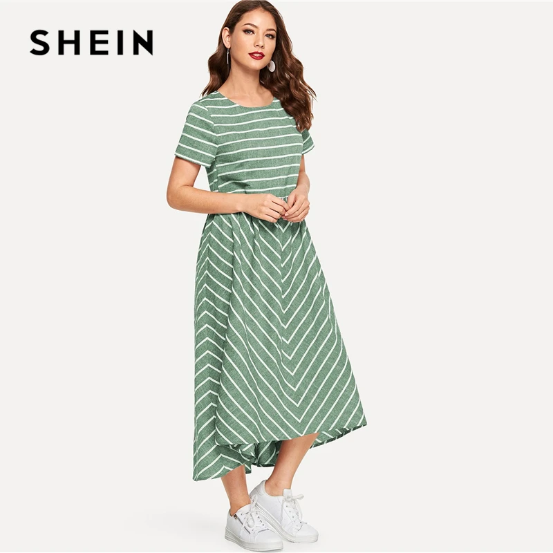 SHEIN Полосатое Платье макси с шевронным принтом, женское повседневное летнее платье с коротким рукавом, хлопковое женское платье трапециевидной формы с круглым вырезом