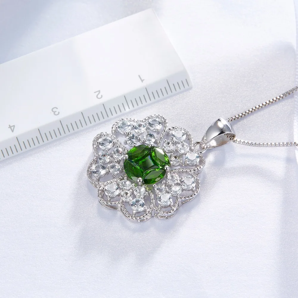 

Hutang Solid 925 Sterling Silver 1.32ct Natural Gemstone Chrome Diopside & Topaz Flower Pendant Necklace Fine Jewelry For Women