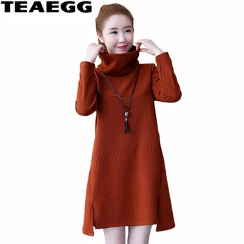 

TEAEGG Loose Orange Red Womens Dresses New Arrival 2020 Turtleneck Mini Sweater Dress Winter Autumn Dress Women Plus Size AL490