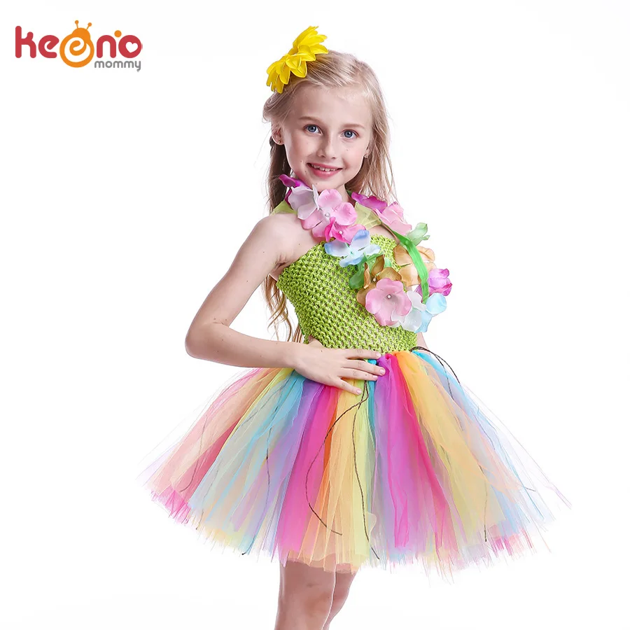 

Hula Style Girls Rainbow Colored Tutu Dress with Flower Necklace Kids Birthday Party Pageant Costume Handmade Sweet Tulle Dress