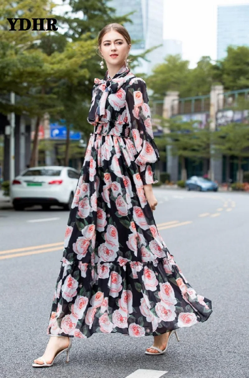 2020 spring summer long sleeve floral print chiffon elegant holiday o-neck waist elastic new arrival exquisite ladies dress | Женская