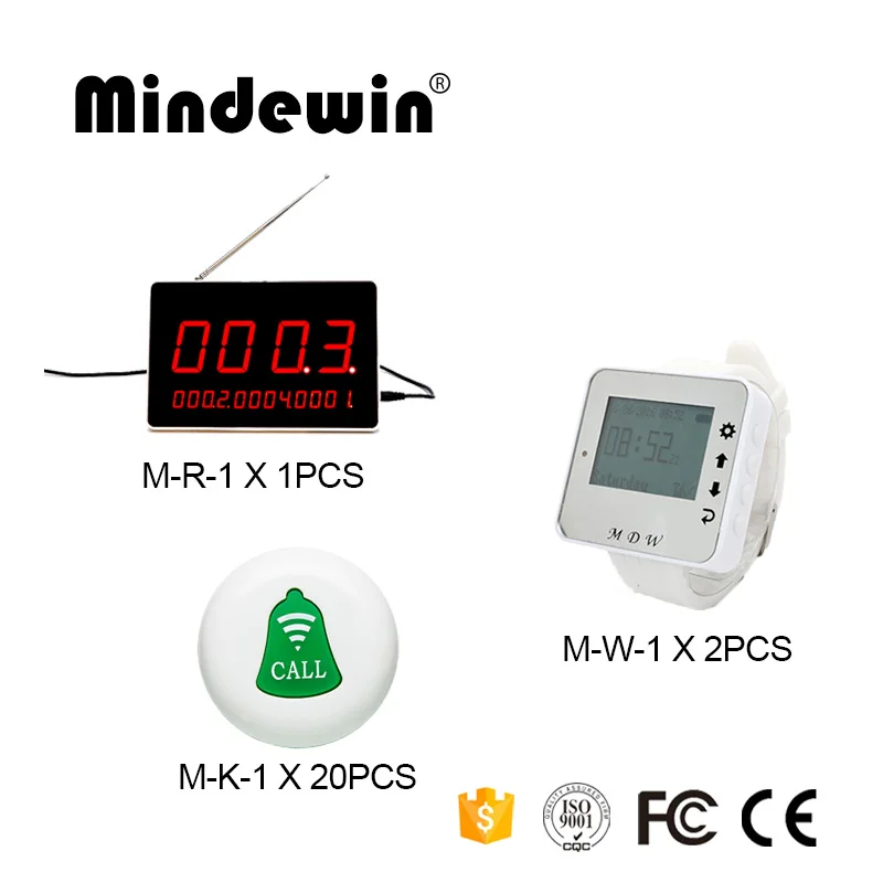 

Mindewin Restaurant Wireless Calling System 1PCS LED Display Panel M-R-1 + 2PCS Watch Pager M-W-1 + 20PCS Call Button M-K-1