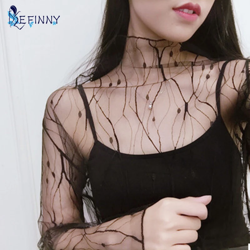 

Fashion Trends Mesh Women Long Sleeve Tops Hot Sexy Transparent High Neck Black Lace Bottoming Shirts Punk Chic Shirt Women