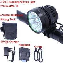 2 в 1 светодиодный налобный фонарь для велосипеда 7* XM-L T6 3 режима 10000LM велосипедный фонарь с 6*18650 Батарея упаковке с открытыми порами+ Зарядное устройство