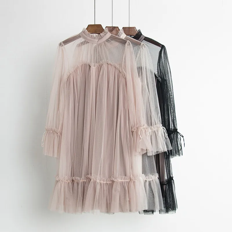 Baratos Sanishroly 2019 vestido de encaje de primavera para mujer Vestidos de malla con lazo dulce para mujer vestido de gasa de manga larga con volantes Vestidos plisados SE402