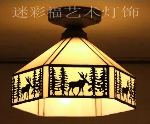 Tiffany Nordic Forest Elk Ceiling Light Stained Glass Lampshade