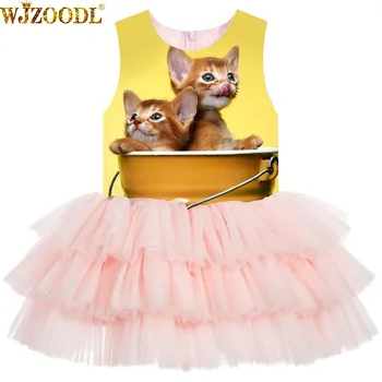 

Girls Dresses Formal Princess Ball Gown Kids fashion dresse For Wedding Cat in the bucket print Girl Birthday Party Dress