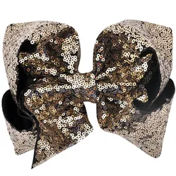 Vibrant 8 - Inch Rainbow Sequin Hair Bow with Alligator Clip - Sparkling Hair Accessory (21 Black and Gold)