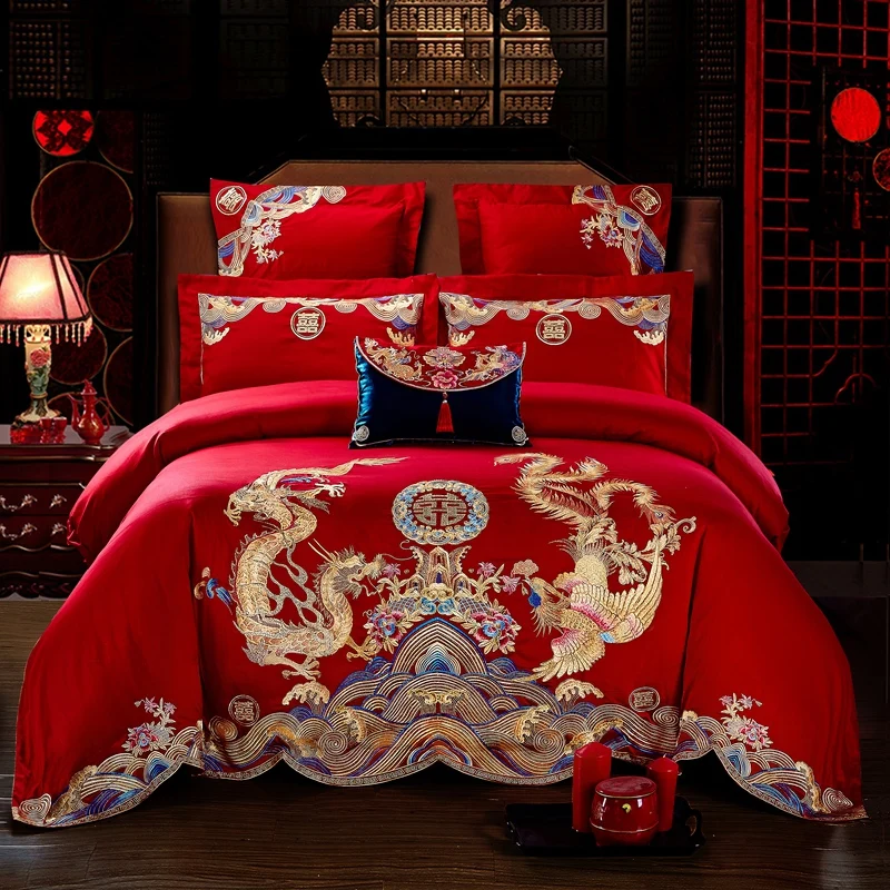 Luxury Wedding 100 Cotton Bedding Set Golden Phoenix Dragon Embroidery