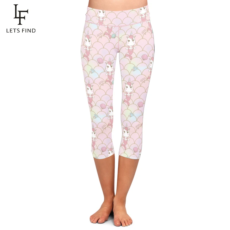 

LETSFIND Summer Hot Sale High Elastic Women Capri Leggings Mermaid Print High Waist Plus Size Mid-Calf 3/4 Stretch Leggings