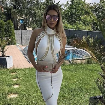 

2018 New Arrival White Balck Pink Sleeveless Beading Bandage Dress Chain Backless Elegant Chci Summer Bodycon Solid Vestidos