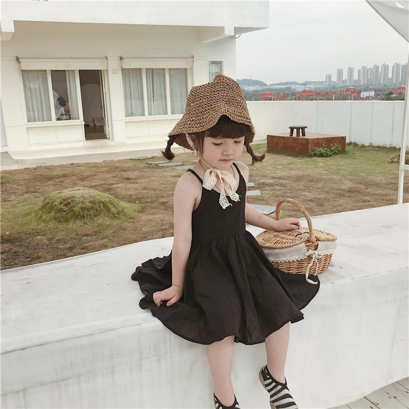 

Black Sling Sleeveless Summer Girls Dress Beach Open Back Kid Dresses Fairy Princess Dressing Children's Clothing
