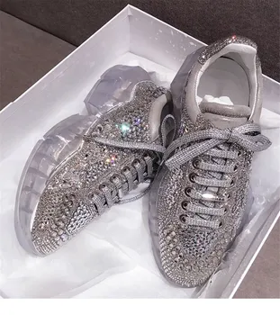 

Luxury Clear Bottom Thick Platform Sneakers Full Crystal Studded Sexy Ladies Designs Round Toe Shoes Women Lace Up Casual Loafer