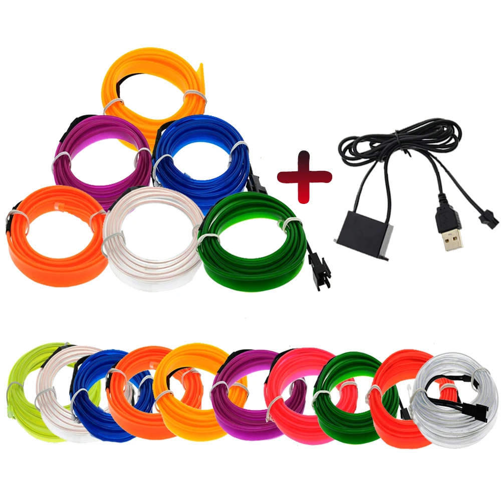 

1M/2M/3M/5M EL Wire 6mm Dance Party Car Decor Lighting Flexible Rope Tube Car light With USB Cigarette Driver Atmosphere lamp