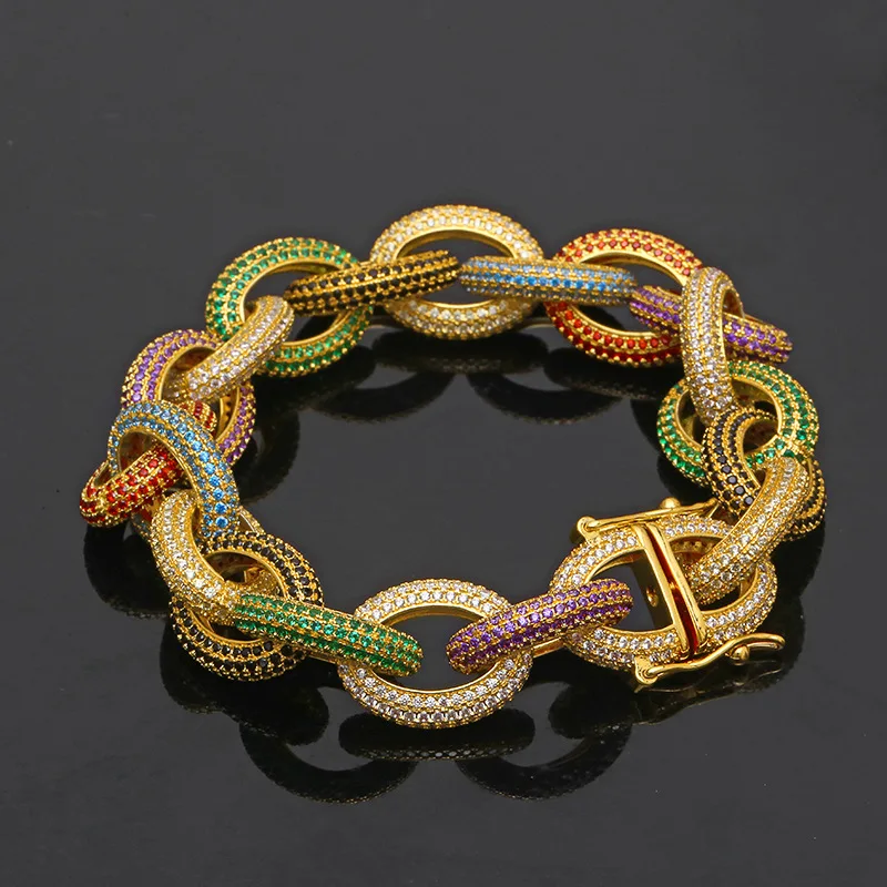 

Hip Hop Micro Paved AAA Cubic Zirconia Bling Iced Out Man Bracelets Multicolor CZ Link Chain Men Hiphop Rapper Jewelry Gold