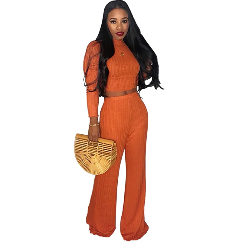 Sexy Knitted Ribbed Two Piece Set Women's Outfits Long Sleeve Turtleneck Crop Top+ high waist Wide Leg Pants Casual Sweat Suits | Женская
