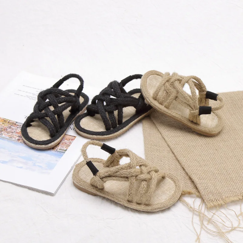 Летние детские сандалии с пеньковой веревкой; пляжные туфли для девочек; модные детские сандалии в римском стиле; мягкие Нескользящие Детские повседневные сандалии-светильник на плоской подошве