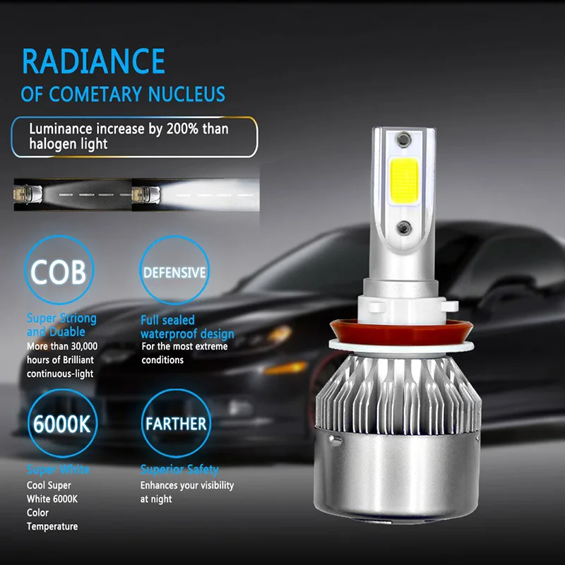 ZK30 2Pcs/lot C6 LED Headlights Bulbs Conversion Kit Lights 72W 8000LM HB3 HB4 9004 9005 H1 H3 H4 H7 Auto COB Car 6000K