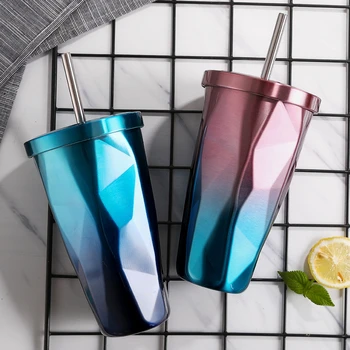 

Gardient Cool Coffee Mugs Stainless Steel Cups With Lid Straw Tea Lemon Juice Cola Office School Silver Mug Drinkware 500ML