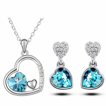 AAAA+ quality crystal double heart pendant Necklace Earrings fashion jewelry sets classic charms women accessories