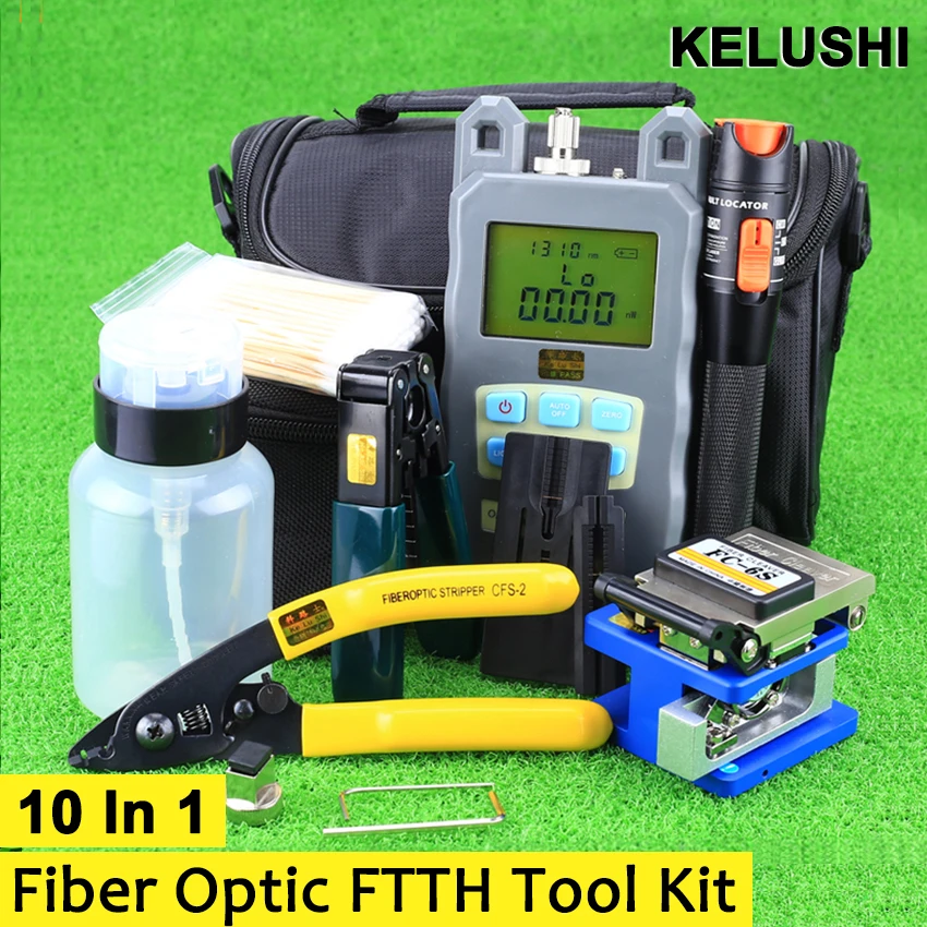 10-in-1 Fiber Optic FTTH Tool Kit Set Power Meter FC-6S Optical Cleaver Finder
