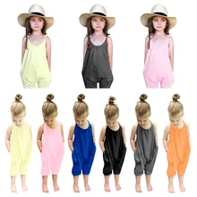 Модный комбинезон для маленьких девочек; розовый комбидресс; брючный костюм без рукавов для маленьких детей; летняя одежда без спинки для девочек; От 0 до 7 лет