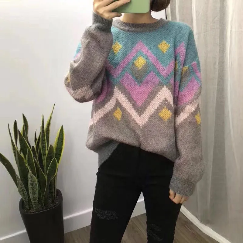 

MY1236 Fashion Geometric Print Color Block Mohair Pullovers Sweater Ladies Casual loose Jumpers Sweaters
