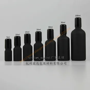 

5ml/10ml/15ml/20ml/30ml/50ml painted black frosted Glass bottle with black roll-on cap+glass/stainless roller lid.