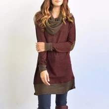 2018 Baru Wanita Lengan Panjang Pullover Patchwork Cowl Neck Wanita Long Tops Musim Gugur Musim Semi Blus Kemeja Kasual Patch Siku Tipis