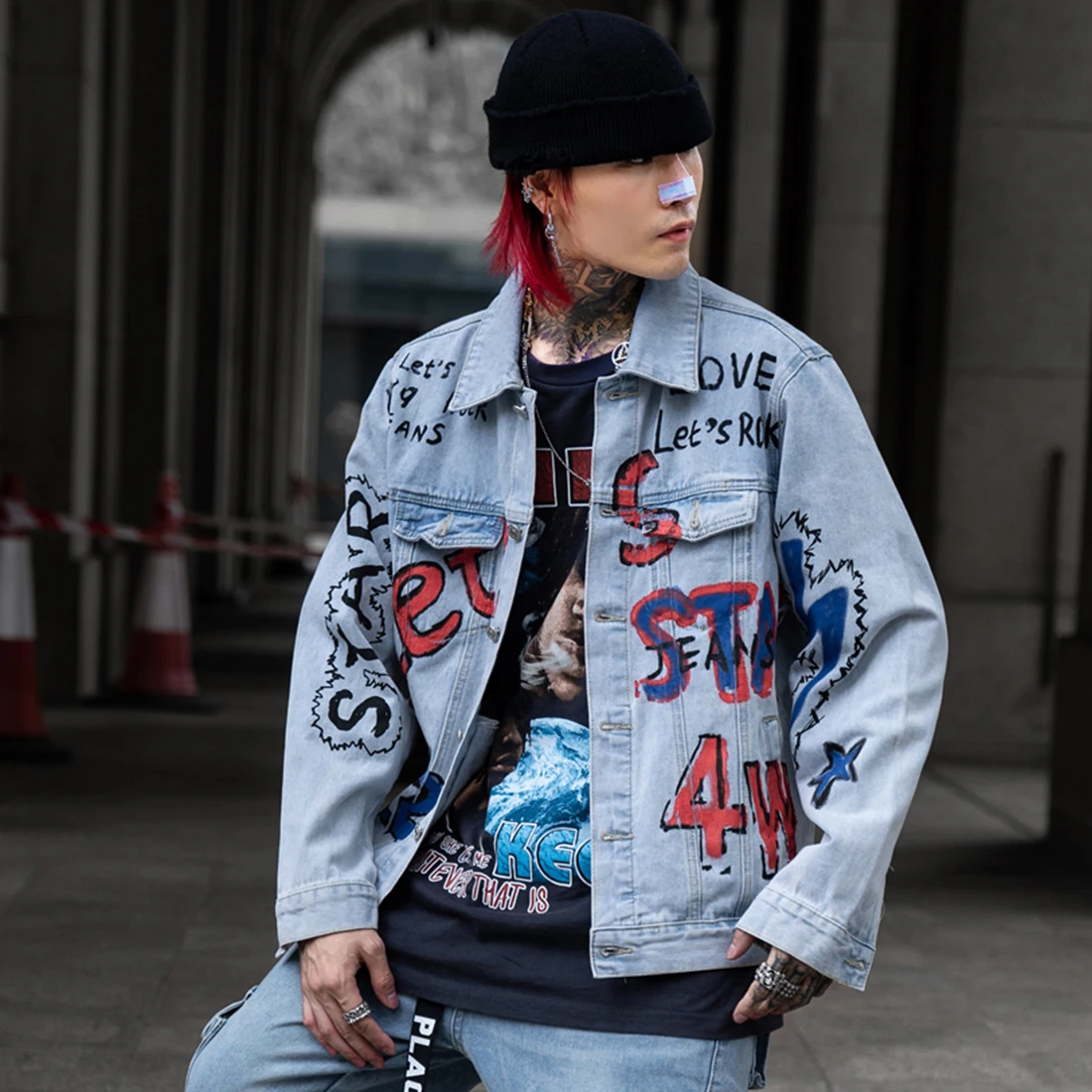 AELFRIC Letter Graffiti Denim Jeans Baseball Jacket Men Hip Hop Outwear Harajuku Streetwear Urban Male Jacket Coats Casual Jean