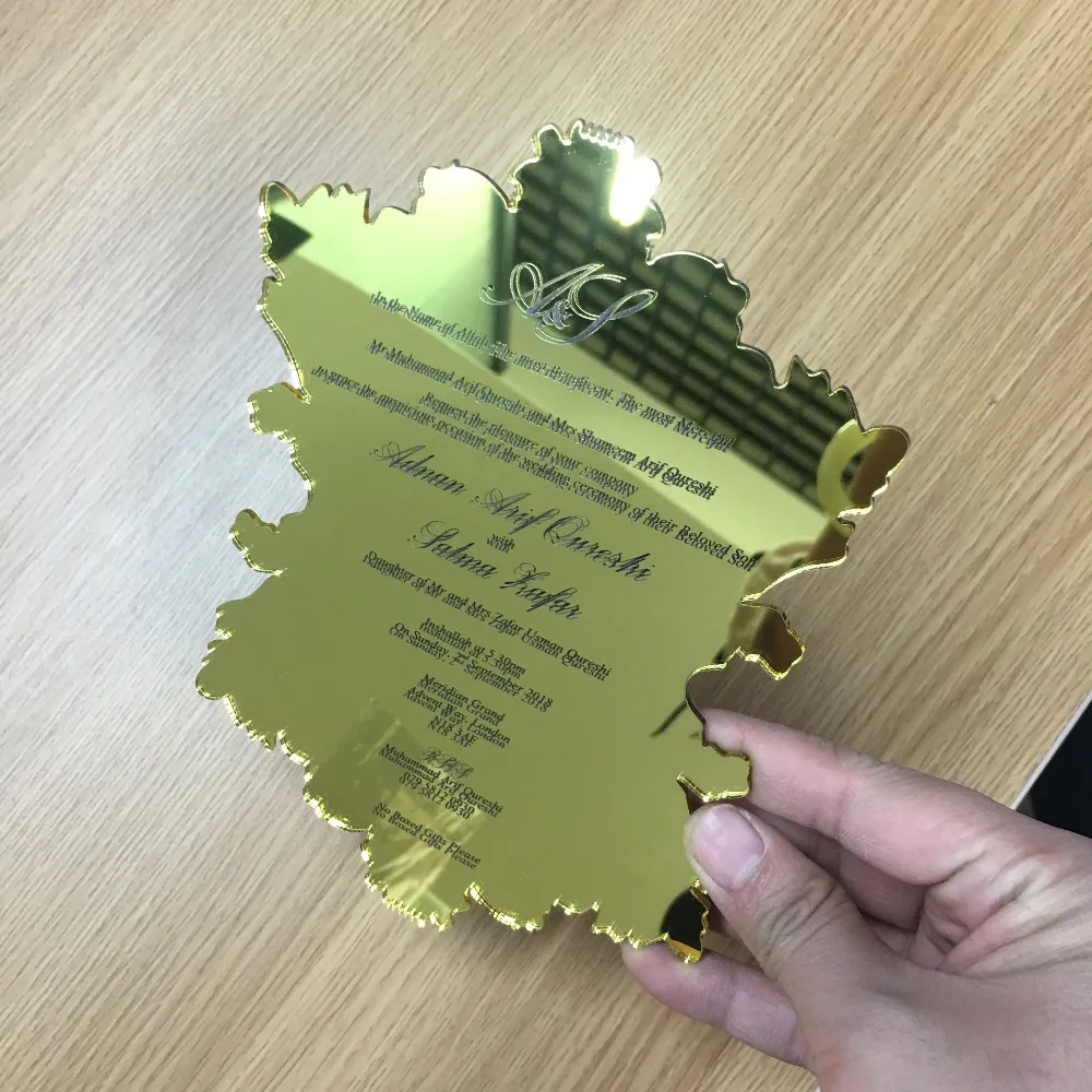 

50pcs mirror gold elegant acrylic invitation card with customize size and shape wedding invitations cards colorful printing