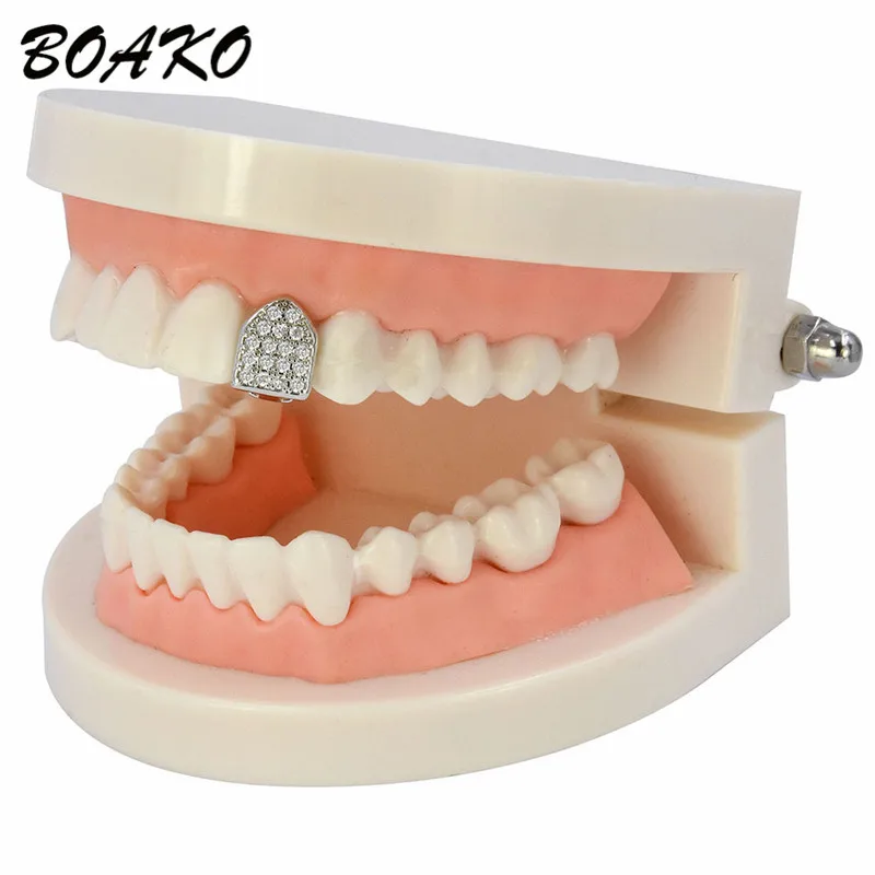 BOAKO Bling Teeth Grillz Топ и низ CZ грили зубные хип-хоп вампирские зубы шапки гриль рот Украшения для тела раппер вечерние подарок 1 шт