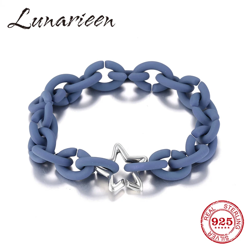 

New 925 Silver charm Ocean Blue Strand Bracelets Men Green Hard Rubber Bracelet for Women accessories European Jewellery gift