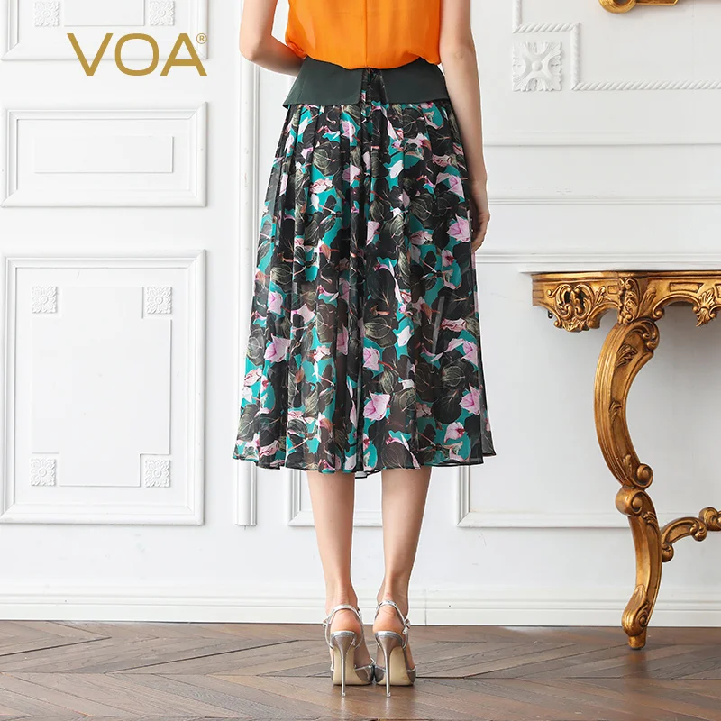 

VOA 100% Silk Skirts Women Summer Print Chiffon Georgette Midi Skirt High Waist Tunic Ladies falda larga spodnica spódnica C596