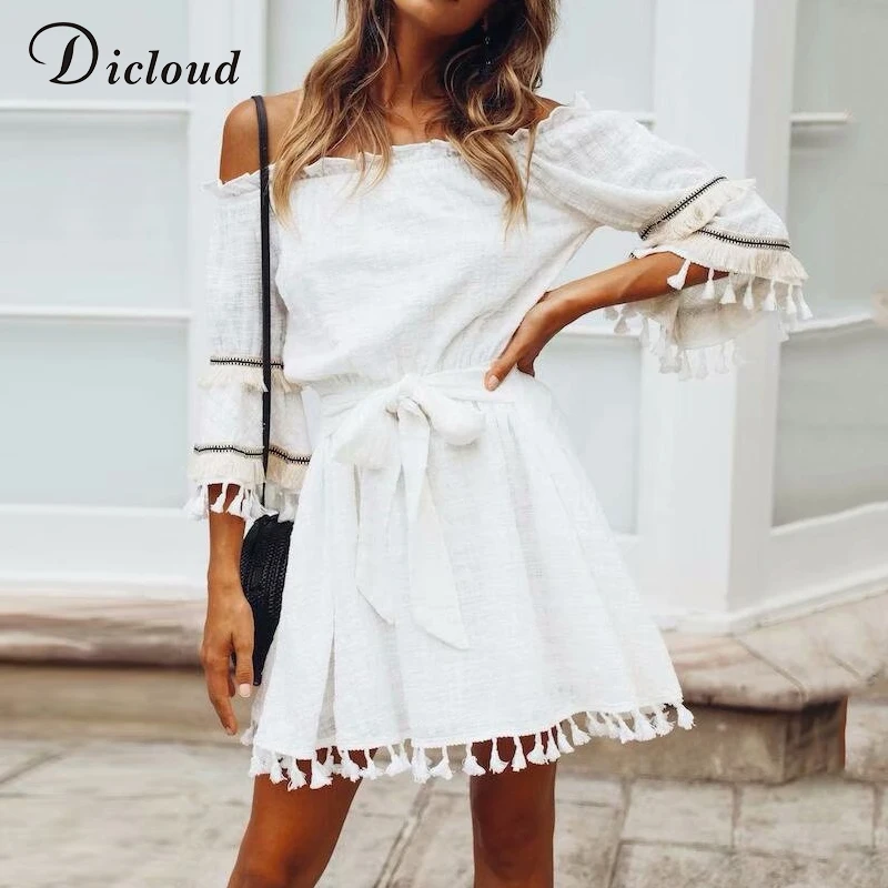 DICLOUD Off Shouler пикантные Boho лоскутные платья для женщин ленточки пляжное платье